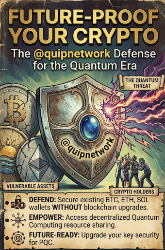 A fantasy-style promotional graphic titled "FUTURE-PROOF YOUR CRYPTO" promoting @quipnetwork's quantum-era defense, featuring a central shield labeled "@quipnetwork" deflecting "THE QUANTUM THREAT" lightning bolt, with icons of vulnerable crypto assets (BTC, ETH, SOL) and text listing features: securing existing wallets without blockchain upgrades, decentralized Quantum Computing resource sharing, and PQC key security upgrades. The image visually reinforces the post's warning about quantum computing threatening current Web3 encryption and positions Quipnetwork as the protective solution.