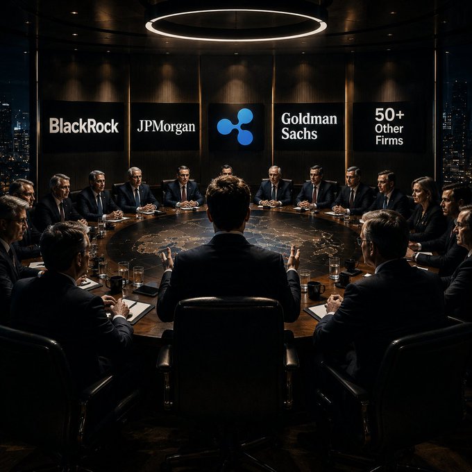 A digital illustration of a boardroom meeting with executives seated around a table, with screens in the background displaying logos for BlackRock, JPMorgan, Ripple, and Goldman Sachs, alongside '50+ Other Firms'.