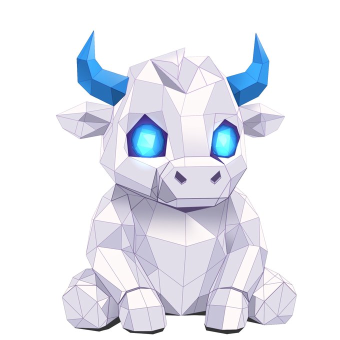 A low-poly 3D illustration of a white baby bull or cow with glowing blue eyes and blue horns on a white background.