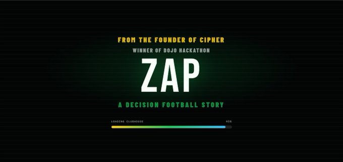 The image features a movie poster for "ZAP" with a black background, white text, and green and yellow colors. The title of the movie is displayed at the top center of the poster, while the subtitle reads "A Decision Football Story". Below this, there are two lines of text that read "Finally, ZAP is now live." and "After losing months of work on Cipher, I took a real step back I asked myself: What do I actually want to build?". The image also includes a logo for the movie's title.