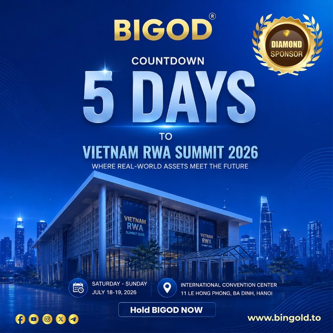 A promotional countdown graphic showing "5 DAYS TO VIETNAM RWA SUMMIT 2026" features BIGOD as the Diamond Sponsor, with event details for July 18-19, 2026, at the International Convention Center in Hanoi, alongside a "Hold BIGOD NOW" call-to-action and the website www.bingold.to.
