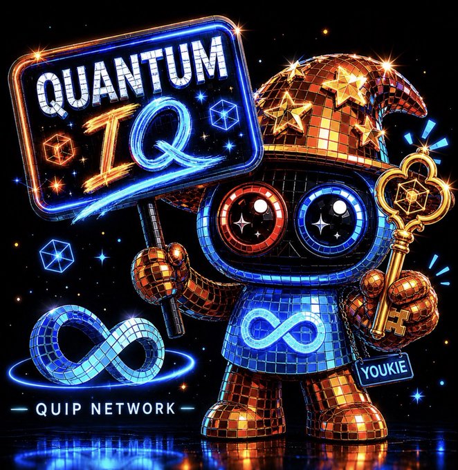 A vibrant, disco-style character wearing a wizard hat holds a glowing neon sign reading "QUANTUM IQ" with "QUIP NETWORK" displayed below, featuring an infinity symbol and infinity-themed design elements.