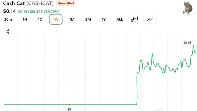 A cryptocurrency price chart for 'Cash Cat (CASHCAT)' showing a massive spike from $0 to $0.16, marked as 'Unverified' with a 120,326,789.72% increase.