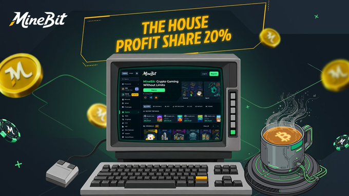 A retro-style promotional graphic for MineBit features a vintage computer monitor displaying the platform's interface, alongside a steaming coffee mug with the Bitcoin logo and scattered MineBit coins against a dark background. Bold yellow text at the top announces "THE HOUSE PROFIT SHARE 20%," visually reinforcing the post's description of MineBit's unique casino model that redistributes 20% of weekly house gaming profits to eligible players every Friday.