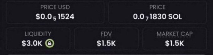 A cryptocurrency token statistics dashboard showing a price of $0.0₅1524 USD / 0.0₇1830 SOL, with $3.0K liquidity, $1.5K FDV, and $1.5K market cap, illustrating the ultra-low market cap memecoin being promoted in the post.