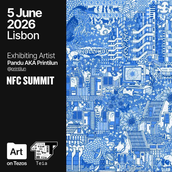 The image features a poster with a blue background, showcasing an artist's work from Lisbon. The poster includes text that reads "Exhibiting Artist PANDU AKA PRINTILUN" and "NPNCUMIT". There are also images of buildings and other city elements on the poster. The post is related to the event happening in Lisbon as it promotes the exhibition, featuring an artist's work from the city.