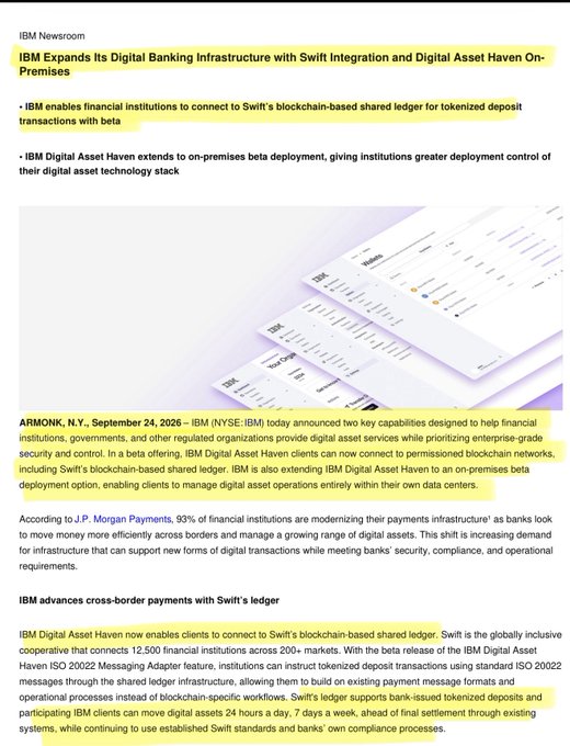 An IBM Newsroom press release from September 24, 2026 (NYSE:IBM) announcing expanded digital banking infrastructure, including Swift integration for tokenized deposit transactions via blockchain-based shared ledger and on-premises IBM Digital Asset Haven deployment. The highlighted section details how IBM Digital Asset Haven extends to on-premises beta, connecting clients to Swift's blockchain networks with ISO 20022 messaging support—directly relating to the IBM-Stellar-Swift blockchain partnership announcement.