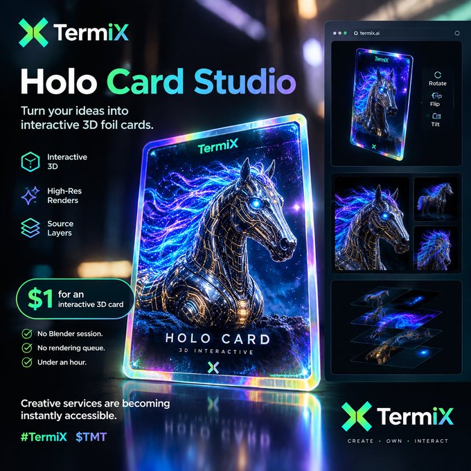 A promotional graphic for TermiX "Holo Card Studio" advertises the ability to turn ideas into interactive 3D foil cards, featuring an example of a metallic horse design and pricing details.