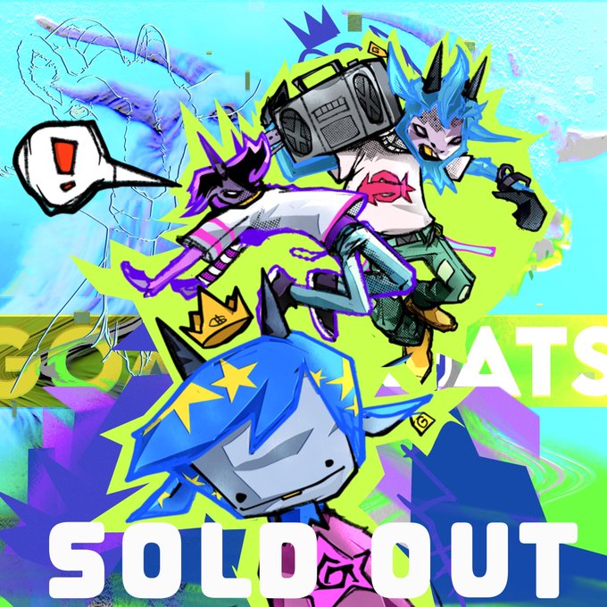 A colorful, graffiti-style illustration of two anime-like characters with horns and a boombox, featuring a 'SOLD OUT' banner across the bottom.