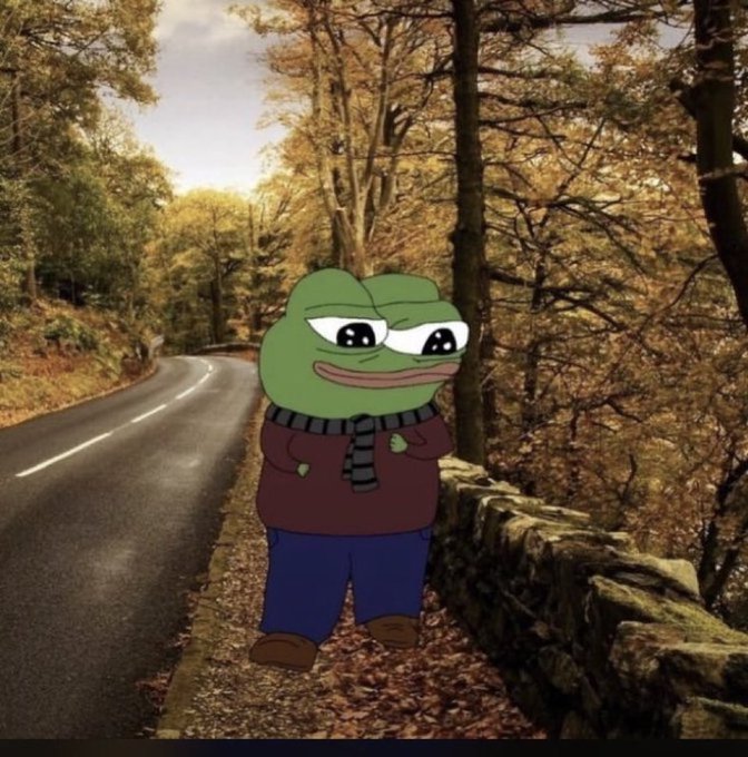 An image of a cartoon frog character wearing a red sweater, scarf, and blue pants, edited onto a scenic photo of a winding road through an autumn forest.