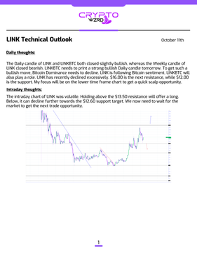 A financial newsletter from Crypto Views titled 'LINK Technical Outlook' dated October 9th, featuring 'Daily Thoughts' and 'Intraday thoughts' alongside a candlestick chart showing LINK/USD price action.