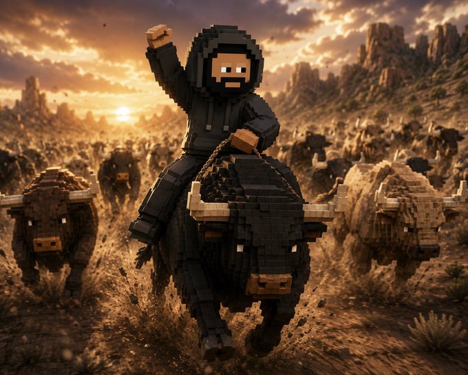 A Minecraft-style pixel art image depicting a hooded character riding a blocky bull through a herd of bison across a desert landscape at sunset.