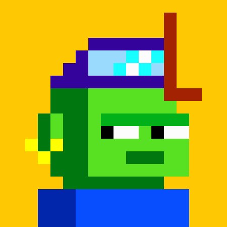 A pixel art illustration of a green cartoon character wearing a purple and blue headband with a red snorkel, set against a yellow background.