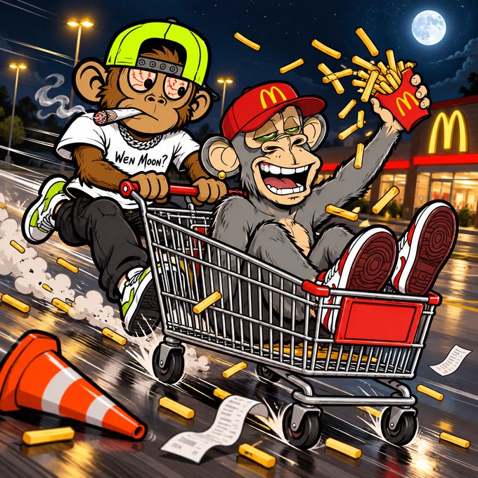 A vibrant cartoon illustration depicts a monkey pushing another monkey wearing a McDonald's cap in a shopping cart through a parking lot at night, with fries flying everywhere. The pusher's shirt reads 'WEN MOON?' and a McDonald's logo is visible in the background.
