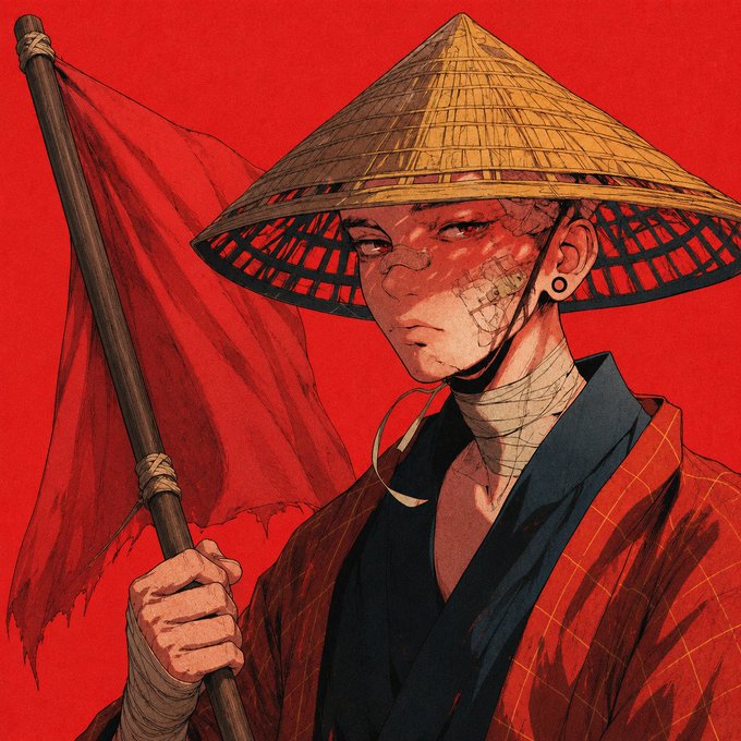 An anime-style illustration of a young man wearing a traditional conical straw hat and red robes, with scars on his face and wrapped hands, holding a staff with a red flag against a bright red background.