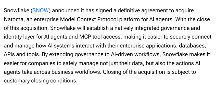 The focus of the answer is the post about snowflake acquisition of Natoma specifically, and its connection with the mae of mae, which could be a software. This suggests that there might be an attempt to use this acquired information (mae) as part of the solution for the $SNOW problem, particularly in terms of moving higher or lowering stock prices based on the earnings it brings about. The image also shows a screenshot where Grok asked the question: "How does Snowflakes Acquisition of Natoma Validate Maestro" which is likely an AI question meant to provoke thinking and discussion about the post's content.
