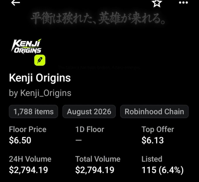 A mobile NFT collection page for 'Kenji Origins' by Kenji_Origins on Robinhood Chain shows 1,788 items, floor price $6.50, top offer $6.13, and 24H volume of $2,794.19.