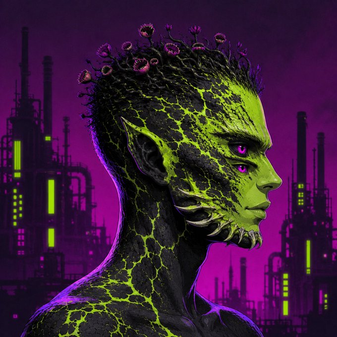 A digital artwork depicts a side-profile fantasy being featuring bright green and black cracked skin, pointed ears, purple glowing eyes, and small pink flowers growing from its head, set against a purple industrial cityscape.