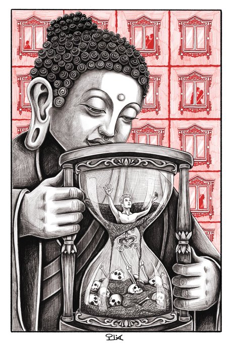 A detailed black and white illustration of Buddha holding an hourglass containing a person and skulls, set against a red patterned background, signed 'ELIK'.