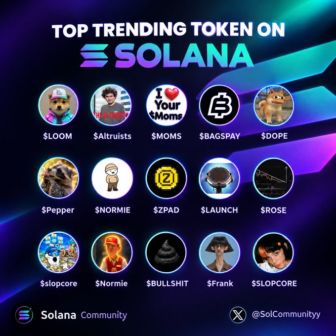 An infographic titled 'TOP TRENDING TOKEN ON SOLANA' displays various cryptocurrency tokens including $LOOM, $Altruists, $MOMS, $BAGSPAY, $DOPE, $Pepper, $NORMIE, $ZPAD, $LAUNCH, $ROSE, $slopcore, $Normie, $BULLSHIT, $Frank, and $SLOPCORE, with 'Solana Community' branding at the bottom.