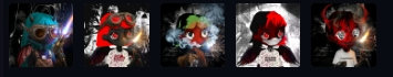 Five stylized character portraits are displayed side by side, each featuring different colored figures including teal, red, white-haired, and red-hooded characters in artistic illustrations.