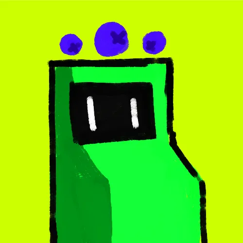 A hand-drawn digital illustration of a green character with a black face screen and three purple orbs floating above its head, set against a bright yellow-green background, likely representing the NFT "Blueberry NVDIA Machine #7518" that sold for 2.2 ETH.