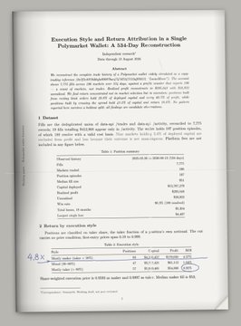 A page from an academic paper titled 'Excursion Style and Return Attribution in a Single Polymerase Wallet: A 38-Day Reconstruction', showing tables of financial data with some numbers circled.
