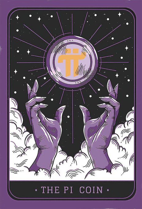A purple tarot-style card titled 'THE PI COIN' depicting two purple hands reaching up from clouds toward a glowing pi symbol against a starry night background.