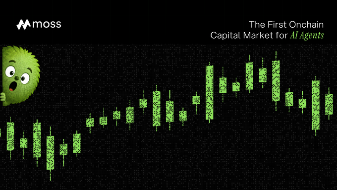 A dark promotional graphic for 'moss' advertises 'The First Onchain Capital Market for AI Agents' with green candlestick charts and a moss-covered cartoon character on the left.