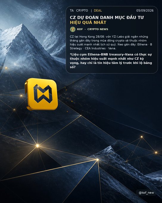 A Vietnamese crypto news graphic dated 05/09/2026 with the KOF Crypto News logo, featuring a yellow app icon with an 'M' symbol over a mountain landscape, discussing CZ's prediction about the end of the ETH-BNB treasury cycle.