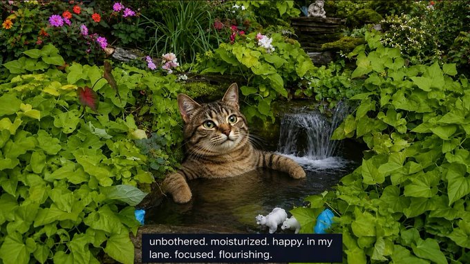 A tabby cat lying in a stream in a lush garden with a small waterfall, captioned with text: "unbothered. moisturized. happy. in my lane. focused. flourishing."