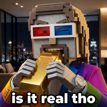 3D rendered Minecraft-style blocky character wearing 3D glasses and a purple jacket, holding and biting a gold bar with text overlay reading 'is it real tho'.