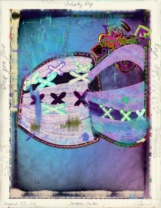 An abstract mixed-media artwork featuring purple and teal swirling shapes decorated with X marks, accompanied by handwritten text along the borders.