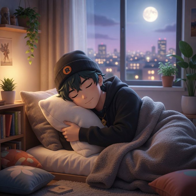 An anime-style illustration of a young boy with dark hair wearing a black beanie with an 'R' logo, peacefully sleeping while hugging a white pillow in a cozy room with a city skyline and full moon visible through the window.