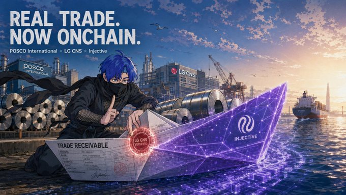 Advertisement reading 'REAL TRADE. NOW ONCHAIN.' for POSCO International, LG CNS, and Injective, depicting a ninja character with a glowing purple Injective logo and a trade receivable document against an industrial port backdrop.