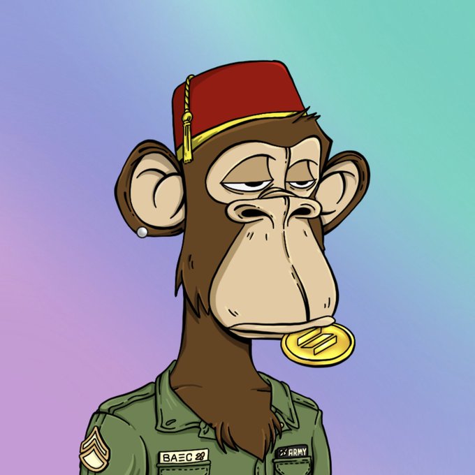 A cartoon monkey wearing a red fez and military uniform with "BASC" and "ARMY" patches bites a gold coin. The image relates to the post by representing the "BASC" NFT collection, which the author endorses as a strong long-term buy, likening the community's dedication to military service.