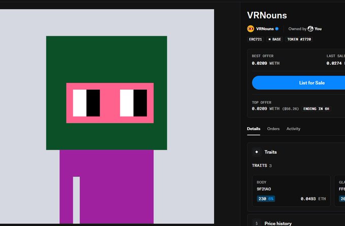 An NFT listing for 'VRNouns' on a marketplace, displaying a pixelated character with a green head and purple body. The token #2720 has a best offer of 0.0289 ETH and last sale of 0.0274 ETH, with body trait 9F2FA0 visible.