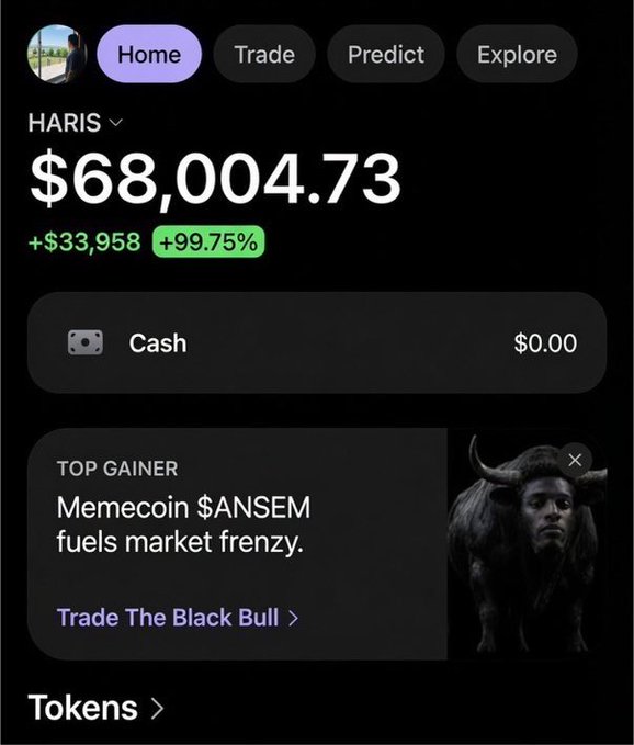 A mobile crypto trading app screenshot shows a user named "HARIS" with a portfolio worth $68,004.73, up $33,958 (+99.75%), featuring a "Top Gainer" promotion for the Memecoin "$ANSEM." The image illustrates an airdrop giveaway promotion offering $120 in $SOL to four winners via Telegram, likely targeting crypto traders with active portfolios like the one shown.