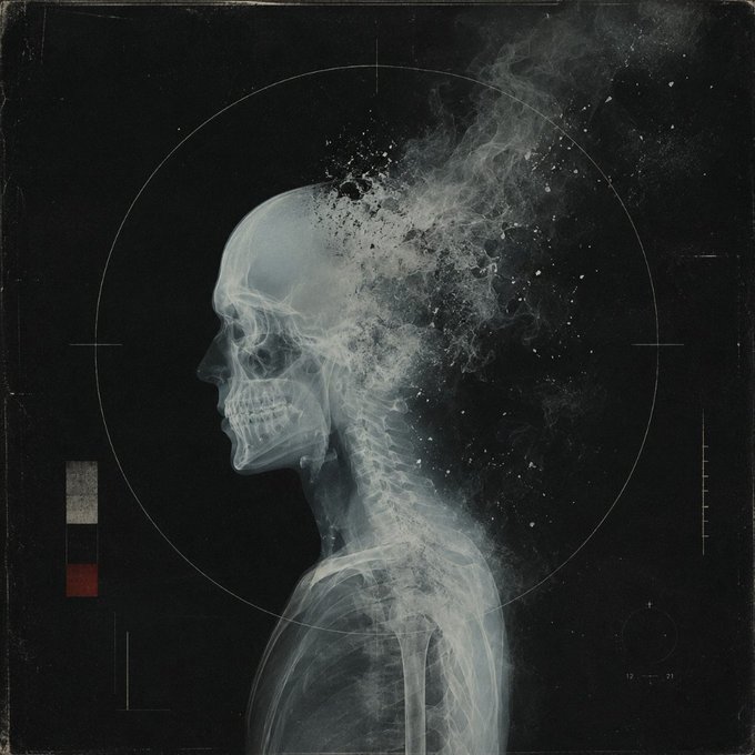 A stylized, dark X-ray image showing a human skull and upper skeleton in profile, with the back of the head appearing to disintegrate into particles or smoke.