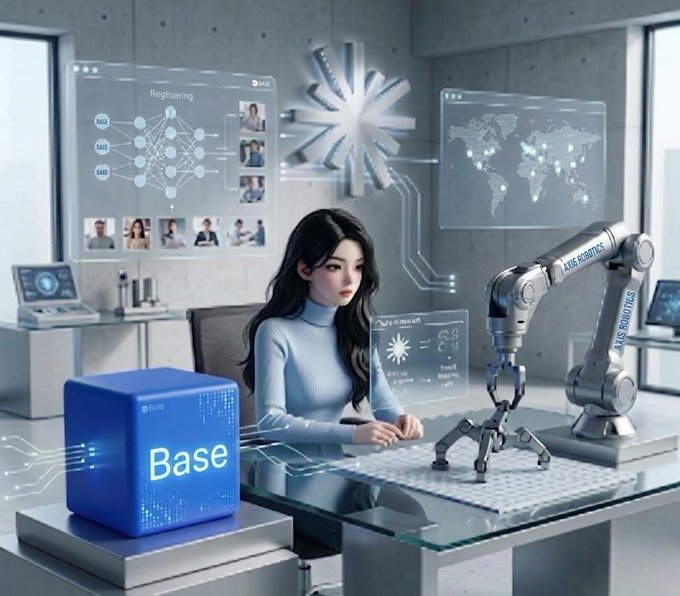 A futuristic digital illustration of a woman working at a desk alongside a robotic arm, with holographic displays showing neural networks and a 'Base' blockchain logo.