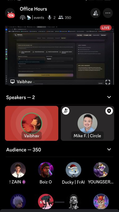 Screenshot of a Discord 'Office Hours' LIVE event with 350 audience members, featuring speakers Vaibhav and Mike F. | Circle, showing event details and audience avatars.