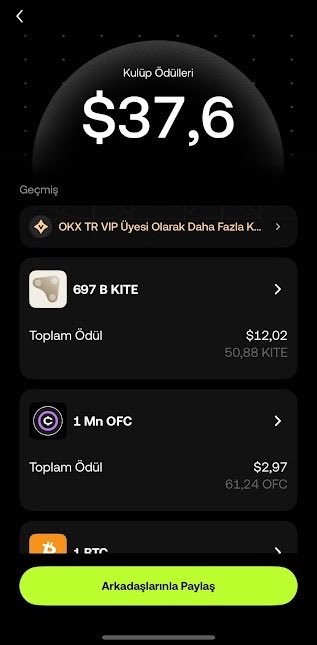A mobile screenshot displays an OKX earnings page titled "Külüp Ödülleri" showing a total of **$37.6** in earnings, with history entries including **697 B KITE ($12.02 / 50.88 KITE)** and **1 Mn OFC ($2.97 / 61.24 OFC)**, plus a green "Arkadaşlarınla Paylaş" share button. The image showcases the actual reward history and asset earnings for the OKX TR campaign mentioned, illustrating the type of yields users can earn by holding $1,000+ in their OKX TR account during the NES prize distribution event.