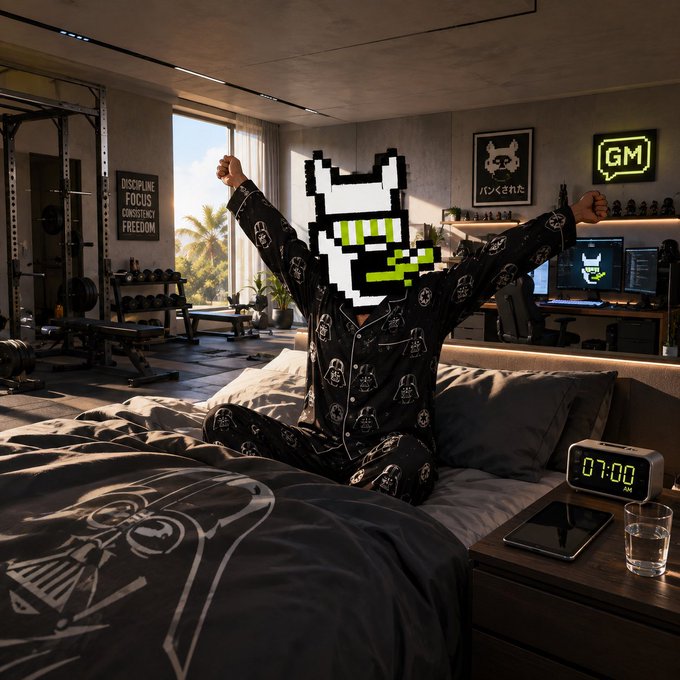 A person wearing black pajamas with skull designs and a pixelated cat mask sits on a bed with arms raised in a gym-themed bedroom, with a clock showing 07:00 AM and motivational posters including 'DISCIPLINE FOCUS CONSISTENCY FREEDOM'.