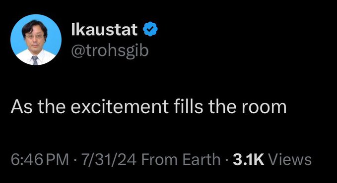 A screenshot of a tweet from verified user "Ikaustat" (@trohsgib) reading "As the excitement fills the room," posted at 6:46 PM on 7/31/24 with 3.1K views. The accompanying post about the Treasury Secretary's statement suggests this tweet humorously reacts to the political pushback against the Crypto Clarity Act, sarcastically highlighting the lack of enthusiasm among Senate Democrats.