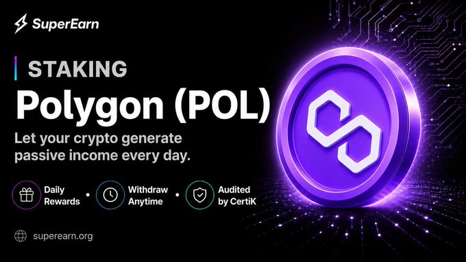 A promotional graphic for SuperEarn staking service advertising 'STAKING Polygon (POL)' with features including Daily Rewards, Withdraw Anytime, and Audited by CertiK, with website superearn.org.