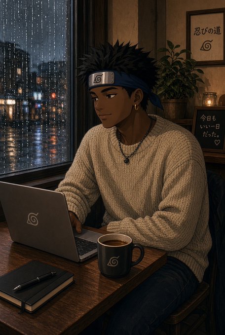 An anime-style illustration of a dark-skinned young man with spiky hair and a Hidden Leaf Village headband, wearing a cream knit sweater and using a laptop while drinking from a mug in a cozy, rainy setting.