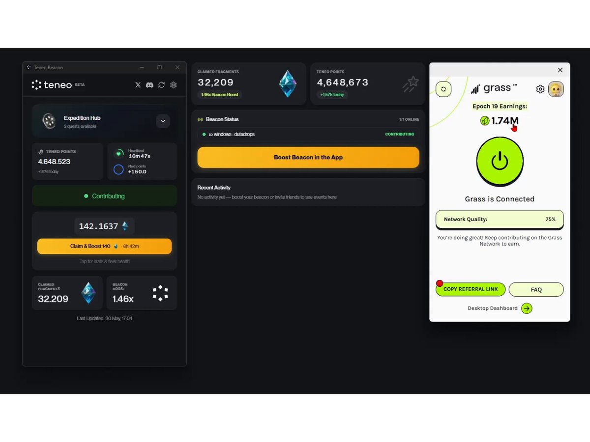 The image shows a computer screen displaying a user interface with various options for a cryptocurrency trading platform called "TENEO" or "GRASS". The screen also has a chat window where users can communicate with each other, as well as a progress bar indicating the amount of work remaining in the project. The post suggests that giving up on farming TENEO and GRASS is the best course of action, which could be interpreted as discouraging the user from continuing their efforts to develop or manage the platform.