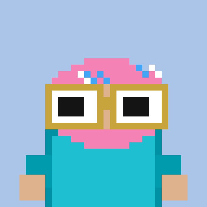 A pixel art illustration of a character with pink hair, large yellow square glasses, and a teal outfit against a light blue background.