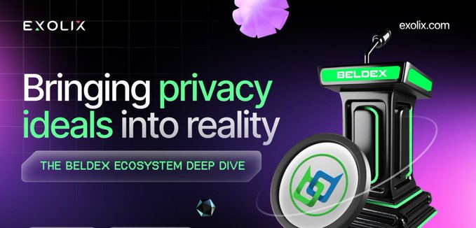 An Exolix promotional banner reads 'Bringing privacy ideals into reality - THE BELDEX ECOSYSTEM DEEP DIVE,' featuring a stylized black and green Beldex pump/fuel dispenser graphic alongside the Beldex logo.