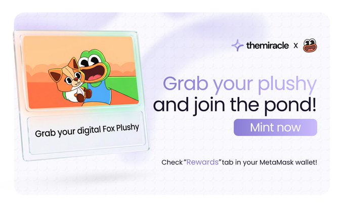 The image features an advertisement for a digital fox plush toy, which is being promoted as a collectible item that can be used to enter the brand's world. The text of the advertisement encourages users to "Collectibles can become your entry point into the brand's world". It also mentions that the fox plush toy has been featured in a post by @frankythefrog and @MetaMask, which suggests that it is being promoted as a collectible item for fans of the Franky universe. The image includes a picture of a fox plush toy with a caption about joining the pond, which adds to the overall theme of collecting items related to the Franky universe.